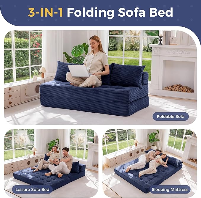 MAXYOYO Folding Sofa Couch Convertible Floor Sleeper Couch with 3 Pillows Tufted Floor Oversized Loveseat Couch Tufted Fold Out Chair Bed Comfy Sofa Lounge for Living Room Bedroom Navy