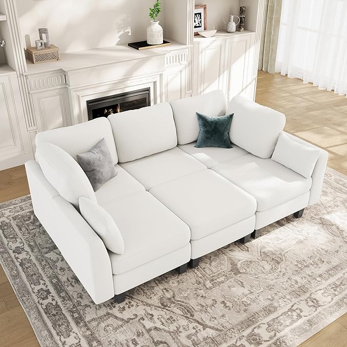 Sectional Sleeper Sofa 6 Seaters Modular Sleeper Sofa Couch Comfy Sectionals Couches Bed Convertible Sofas with Ottomans Modular Sectional Couches for Living Room White