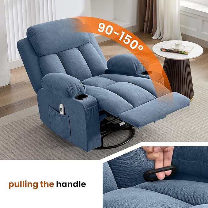 Massage Recliner Chair with Vibration Massage and Lumbar Heating for Living Room Swivel Rocker Recliners Single Sofa with Side Pocket &amp 2 Cup Holders Soft Comfort Ergonomic Design (Blue)