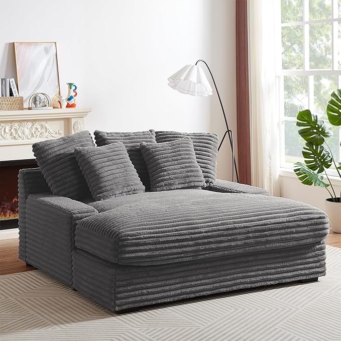 64 Oversized Chaise Daybed Lounge Sleeper Sofa Extra Wide Cloud Sofa&ampCouch Luxury Plush Corduroy Upholstered Loveseat Couch Deep Seat Living Room Queen Size Sofabed W/5 Pillows for Home/Apartmen