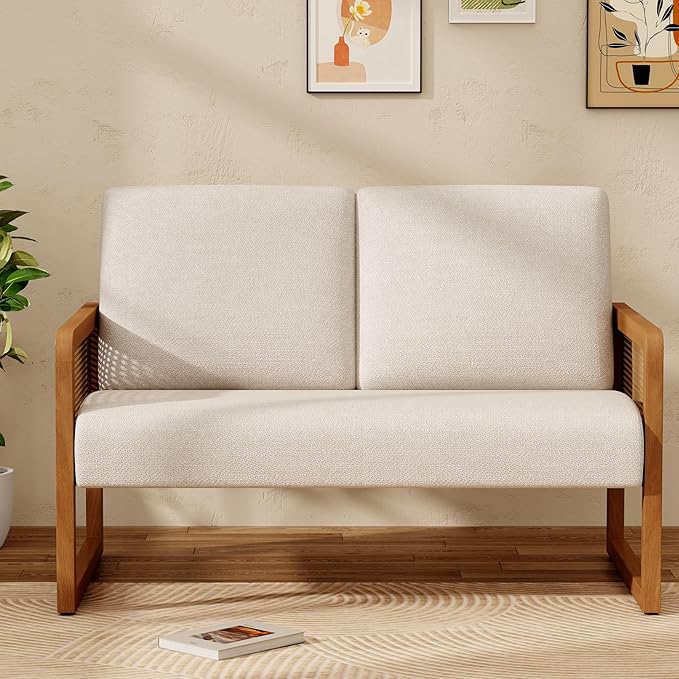 Alunaune Modern Loveseat Bench Couch with Natural Rattan Arm Upholstered Linen Small Love Seat Sofa 2-Seats Living Room Couch Settee Comfy Lounge Recliner Chair-Ivory