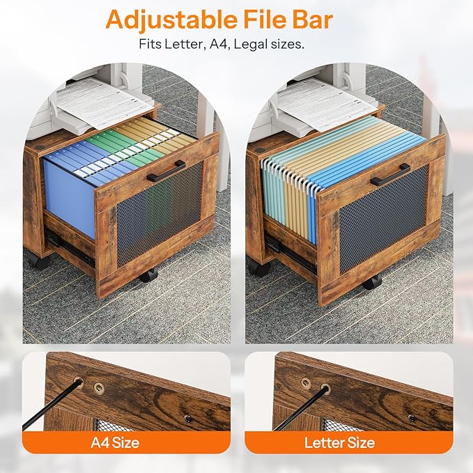 HOOBRO File Cabinet Rolling File Cart Under Desk Small Filing Cabinet File Organizer Box Home Office File Basket with Drawer for A4 Letter Files Rustic Brown and Black BF11WJ01G1