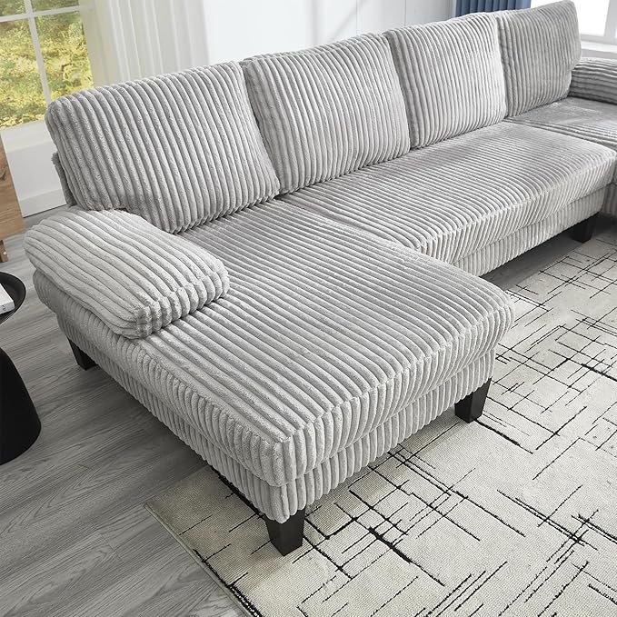 KEIKI 114 U-Shaped Oversized Modular Velvet Sectional Sofa with 2 Chaise Lounge Modern Style Upholstered 4-Seater Couch with Soft Seat Cushions Easy Assembly for Apartment Living Room Light Gray
