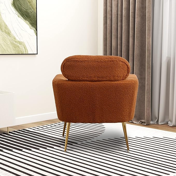 29.5 W Modern Boucle Accent Chair Armchair Upholstered Reading Chair Single Sofa Leisure Club Chair with Gold Metal Leg and Throw Pillow for Living Room Bedroom Dorm Room Office Caramel Boucle