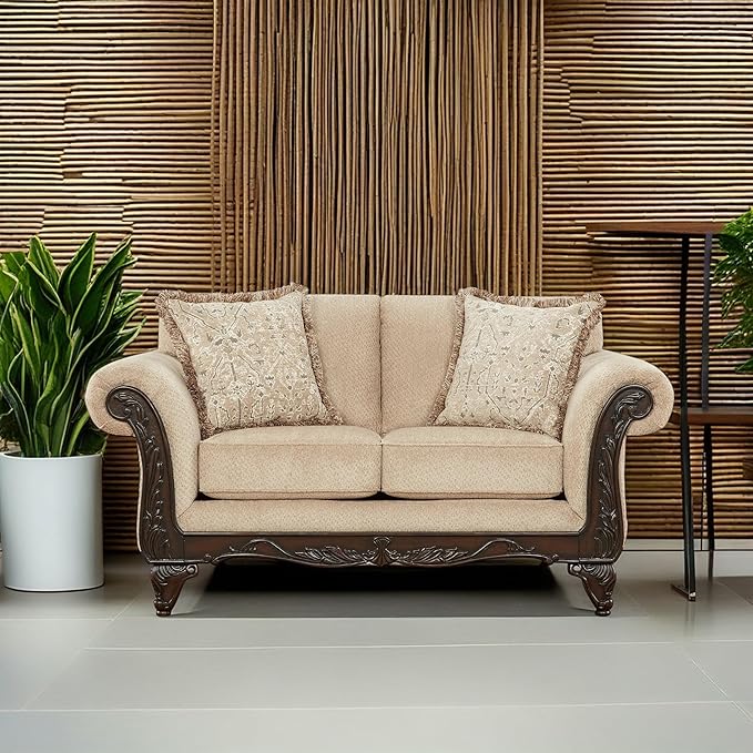 Hernen Carved Wood Frame Loveseat Beige Wheat