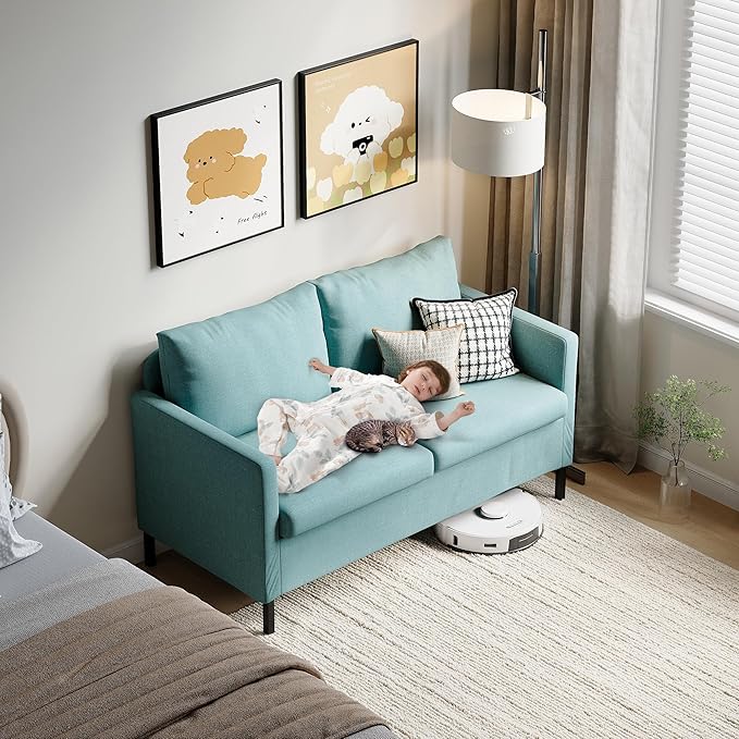 TYBOATLE 51 W Linen Fabric Upholstered Modern Loveseat Sofa Couch for Living Room Love Seats 2-Seater Furniture w/Iron Legs for Compact Space Apartment Bedroom Dorm Office Aqua Blue