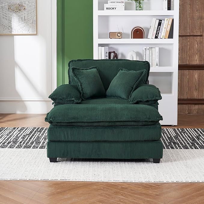 46.9 Oversized Chaise Lounge Chair Indoor with Ottoman Comfy Deep Seat Cloud Sofa Couch Reading Chair Modern Corduroy Upholstered Single Sofa Sleeper Chair for Living Room Bedroom Nursery(Green)