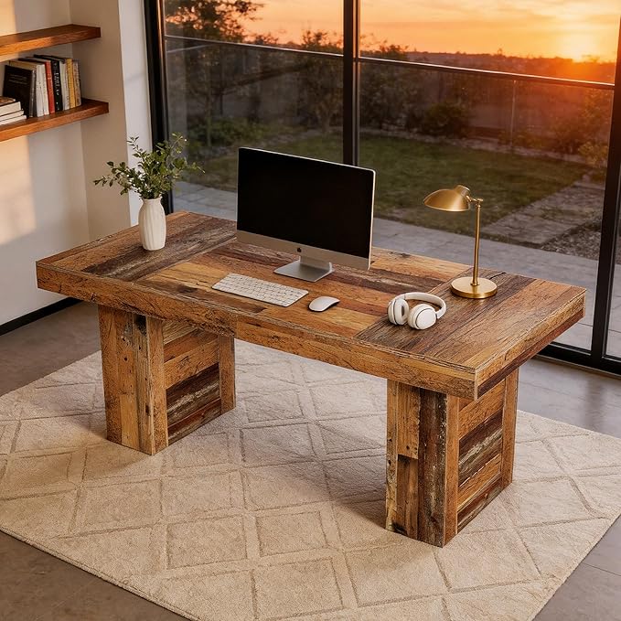 Tribesigns 63 Large Executive Desk Farmhouse Computer Office Desk Wooden Writing Table Rustic Rectangle Business Workspace Table for Home Office Distressd Brown