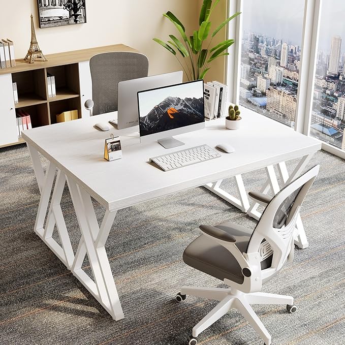 LITTLE TREE 55 Inch Large Simple Industrial Computer Desk Study Writing Table Home Office WorkstationWhite