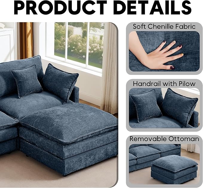 130.7 U Shaped Modular Sectional Sofa Comfy Upholstery Chenille Cloud Couch with Ottoman Modern 6-Seat Deep Seat Sofa with Pillow for Living Room Bedroom Apartment Navy Blue