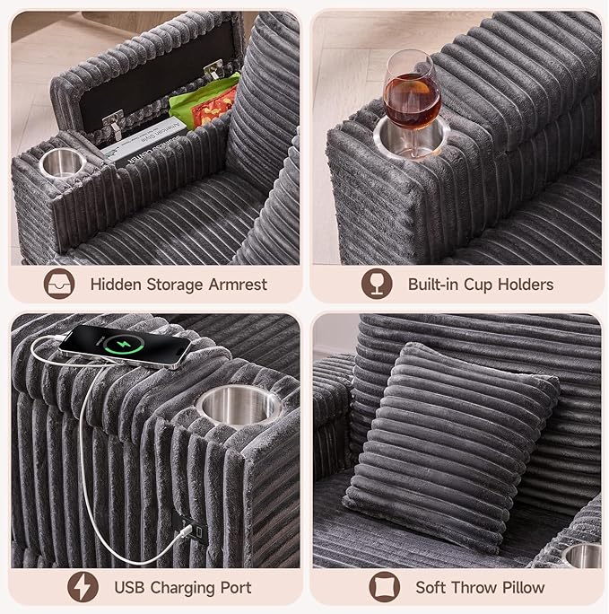 ONBRILL Corduroy Oversized Chair with Ottoman 44 Wide Armchair with Cup Holders &amp USB Port Reading Chair w/Storage Armrest Easy Assembly Comfy Single Sofa Bed for Living Room Apartment Grey