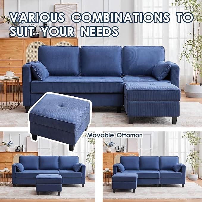 Convertible Sectional Sofa Couches for Living Room with Movable Ottoman 3 Seat 80 L Shaped Sofa with USB Ports&amp2 Pockets Corduroy Fabric Sofa Recliner for Apartment Small Place (Blue)