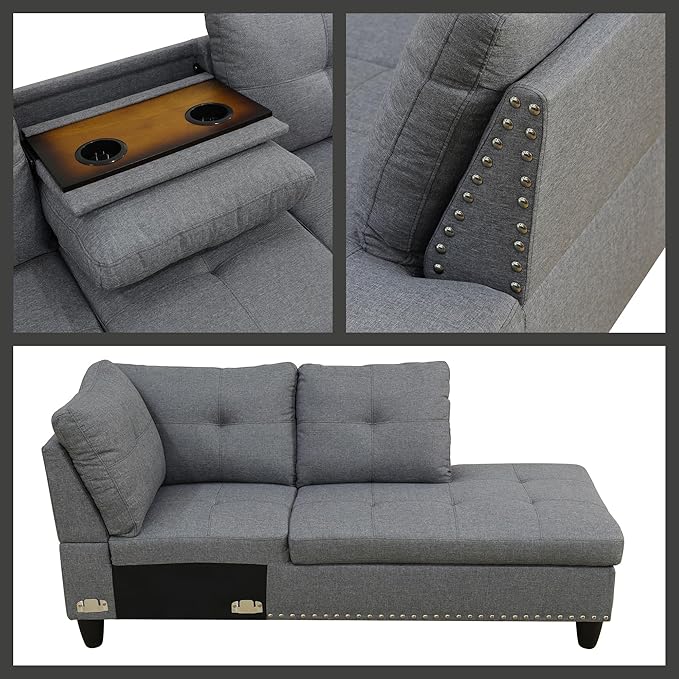 L Shaped Couches for Living Room Sectional Couch Living Room Furniture with Storage Ottoman Modular Sectional Sofa with Movable Chaise for Apartment Office Grey
