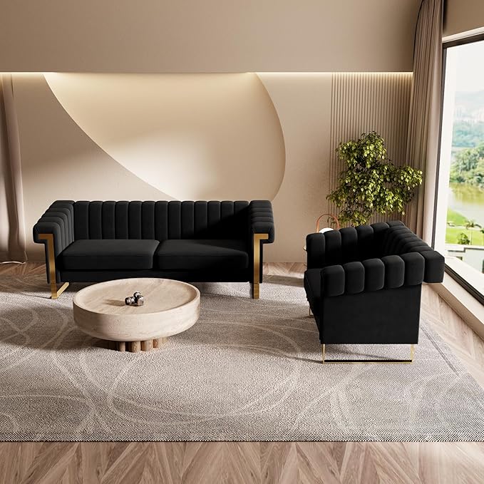 Mid-Century Modern Black Velvet Single Sofa with Gold Metal Legs 49 Luxury Chesterfield Comfy Black Sofa Chair for Living Room (Black-1 Seater)