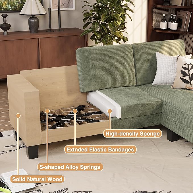 VICTONE Convertible Sectional Sofa Couch 3 Seat L-Shaped Sofa with Linen Fabric Ottoman Small Couch for Small Apartments Living Room and Office (Corduroy Green)