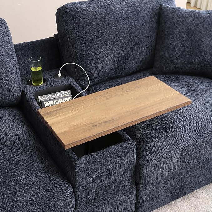 Oversized L-Shaped Modular Sectional Sofa with Storage Armrest Reversible Couch with Movable Ottoman USB Ports Cup Holders 360°Swivel Tray Comfy Cloud Cushions for Living Room or Apartment Blue