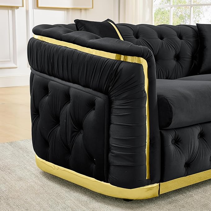 KEIKI 63 Luxury Oversized Velvet Chesterfield Sofa with 2 Pillow &amp Gold Stainless Decoration Italian Modern Style 2-Seater Button Tufted Couch with Rolled Arms Easy Assembly for Living Room B