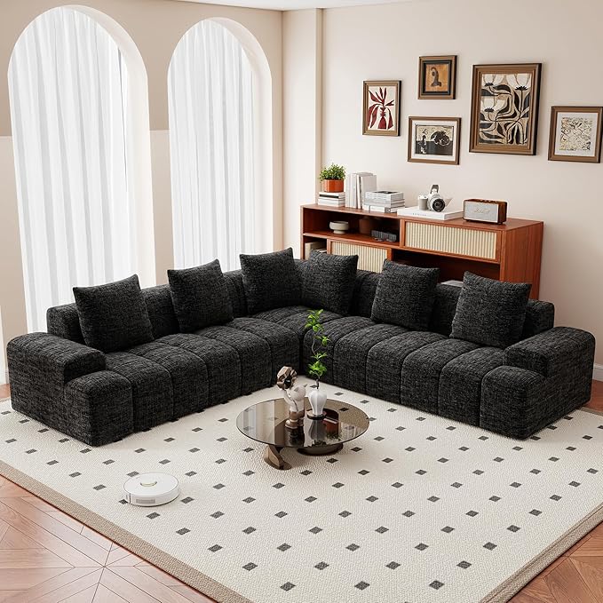 Cloud Modular Sectional Sofa Couch 108 V Shaped Chenille Fabric Memory Foam Sofa 5 Seater with 6 Pillows Firm Cushions for Living Room ApartmentBlack