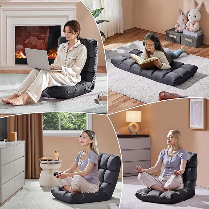 Yaheetech Floor Folding Chair with Back Support Padded Folding Gaming Sofa Chair with 14 Adjustable Backrest Adults Couch Recliner Floor Seating Lounge Chair Armless Meditation Chair Gray