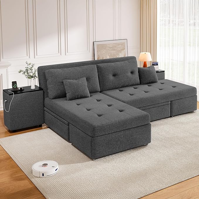 DWVO Queen Size Sofa Bed 5-in-1 Multi-functional Convertible Sleeper Sofa with 2 Storage Cabinet Nightstand &amp USB Ports 100 Sectional Sofa Couch with 2 Comfy Pillows for Living Room Apartment