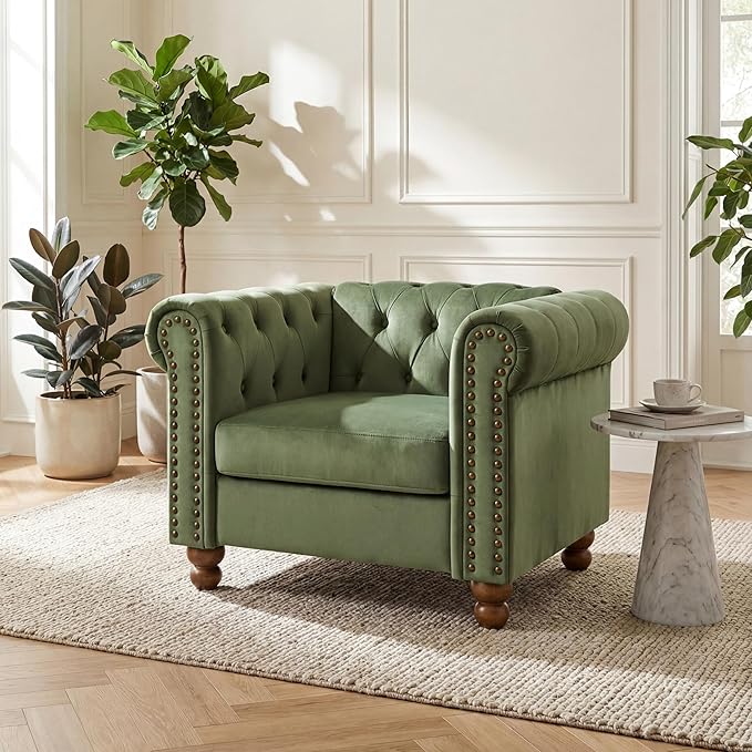 Velvet Chesterfield Chair Club Chair Tufted Single Sofa Couch for Living Room Accent Armchair with Nailhead Trim Green