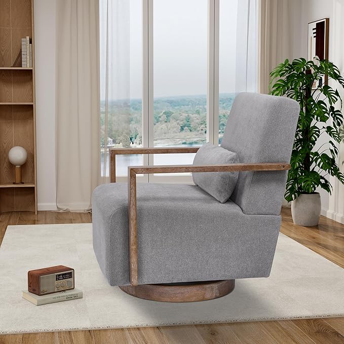 30.5 W Swivel Modern Fabric Upholstered Accent Chair with Solid Wood Armrests Comfy Lounge Reading Chair Side Armchair for Hotel Bedroom Living Room Office Nursery Room (Gray Linen)