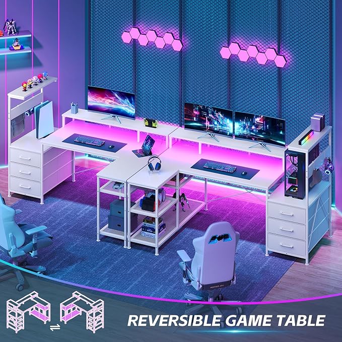 L Shaped Gaming Desk with Drawers &amp Storage Shelves Corner Gaming Desk with Power Outlets &amp LED Light Reversible Computer Desk with Monitor Stand &amp Hooks White