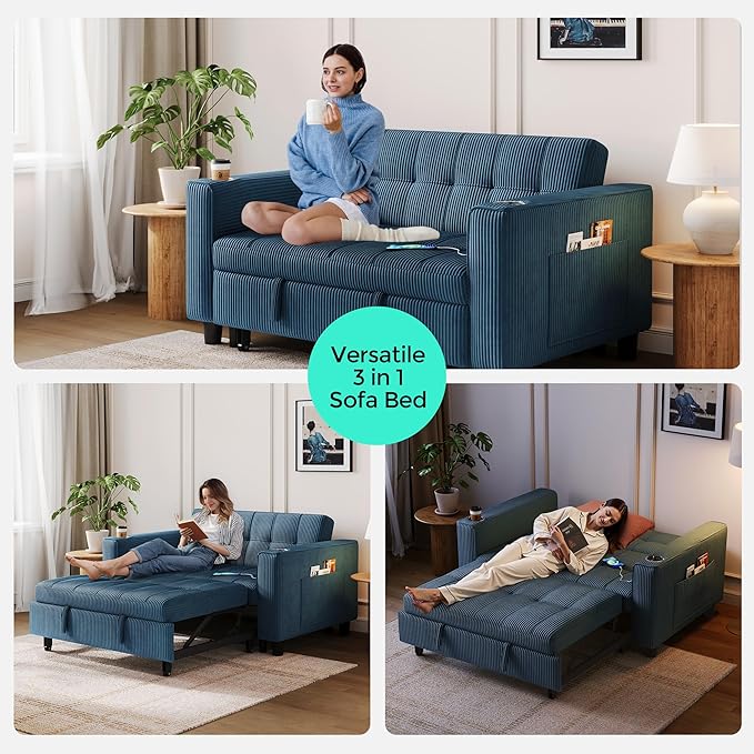 LINSY Sleeper Sofa Bed 54 Pull Out Couch with Charging Station &amp Cup Holder Small 3 in 1 Convertible Loveseat Sleeper Couch for Apartment Dorm Room Bedroom and Small Space Corduroy Blue