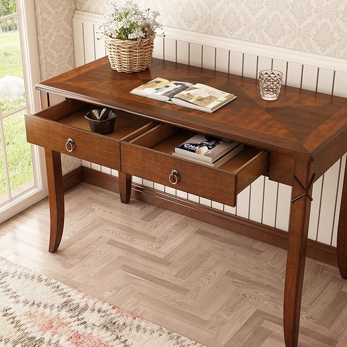 Solid Wood Computer Writing Desk with 2 Big Drawers 46.06 Wide Home Office Desk Workstation with Hourglass Shape Tabletop Big Rustic Study Table in Cherry Brown BSZ-DR200