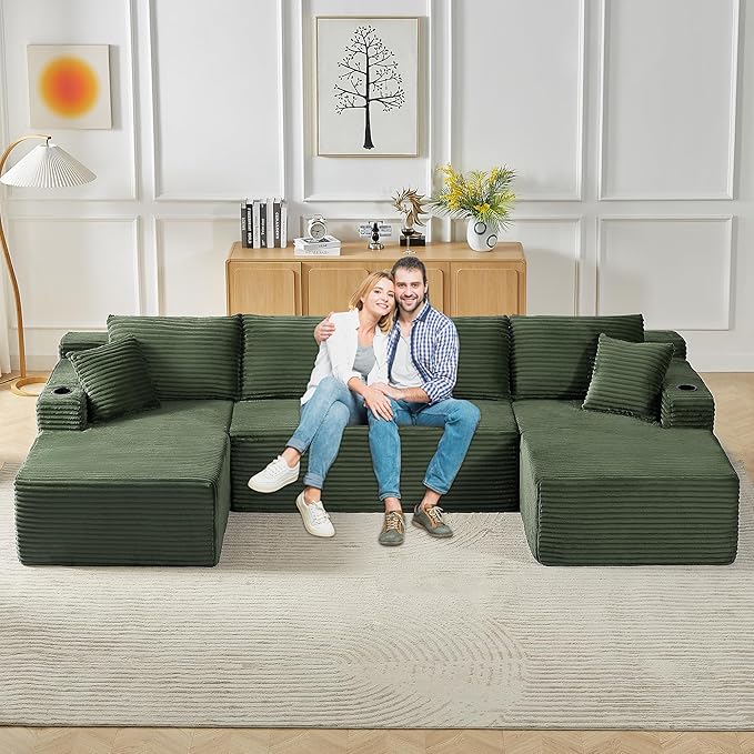 133.5 Modular Sectional Sofa with Movable Chaises Boneless Couches with Cup Holders for Living RoomOversized U Shaped Sectional Couch Modern Cloud Corner Sofa with Storage 6 Seater- Green
