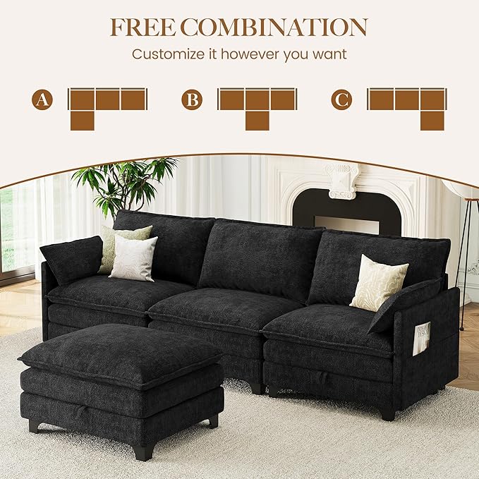 106 L Shaped Modern Modular Sectional Sofa Chenille Cloud Couch with Storage Ottoman Deep Seat Couches with Side Pocket for Living Room Bedroom and Apartment Dark Grey
