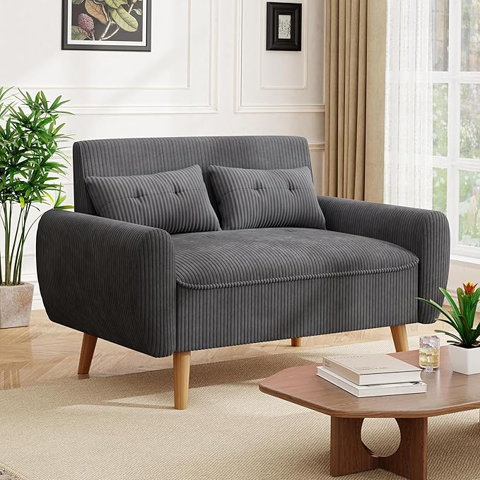 JAMFLY 47'' Small Loveseat Sofa 2 Seat Compact Couch with Tapered Legs Dark Grey Upholstered Furniture Solid Wood Frame Comfy Foam Cushion Easy Assembly for Small Spaces