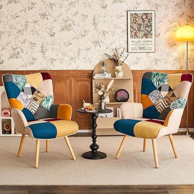Accent Chair Living Room Chair Modern High Back Armchair Colorful Patchwork Reading Chairs for Bedroom Lounge Chair with Linen Fabric Shell and Solid Wood Feets (1 Colorful)