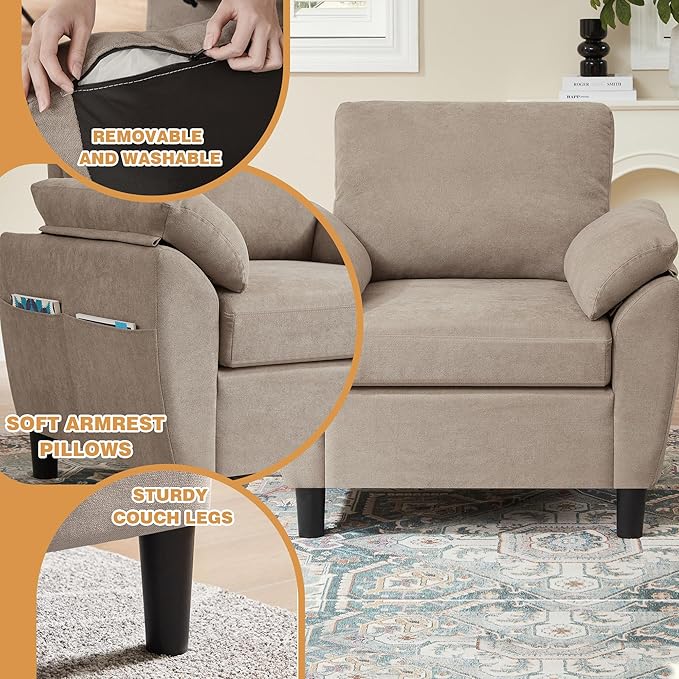 3 Piece Convertible Sectional Sofa Set Modern Linen Small L Shaped Couch with Reversible Ottoman and Accent Chair 3-Seat Sofa Couches for Living Room Office Apartment Beige