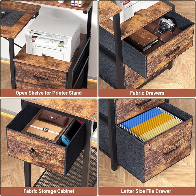 Aheaplus Computer Desk with 3 Drawers Home Office Desk with File Drawer &amp Power Outlet 59'' Gaming Desk with Led Lights Long Work Desk with Storage Printer Cabinet and Monitor Shelf Rustic Br