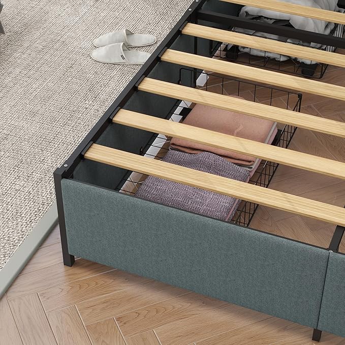 Panana Queen Bed Frame with Storage Headboard Platform Bed with 4 Drawers No Box Spring Needed Easy Assembly Fabric Grey