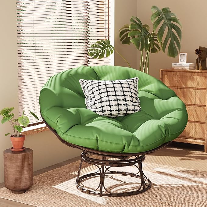 46'' Large Size Papasan Chair (Non-Swivel) with Cushion and Frame Lazy Chair for Living Room and Bedroom Green