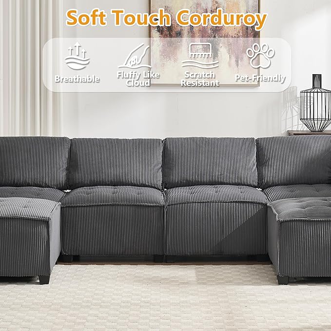 121 Inch Cloud Oversized Modular Sectional Sofa U Shaped Modular Couch with Reversible Chaise Comfy 6 Seat Convertible Sectional Sofa with Ottoman for Living Room Dark Grey