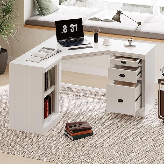 Modern L Shaped Executive Desk with 2 Storage Cabinets and 3 Drawers Corner Office Writing Desk Computer Desks with Depth Workstation for Home Office Living Room
