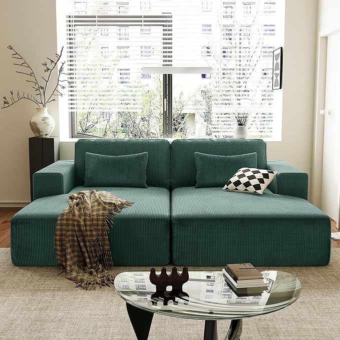 86-Inch Fluffy Corduroy Boneless Sleeper Daybed Loveseat Double Recliner Chaise Lounge Sofa Couches Floor Cloud Sofa Chaise W/4 Pillows for Home Apartment Living Room