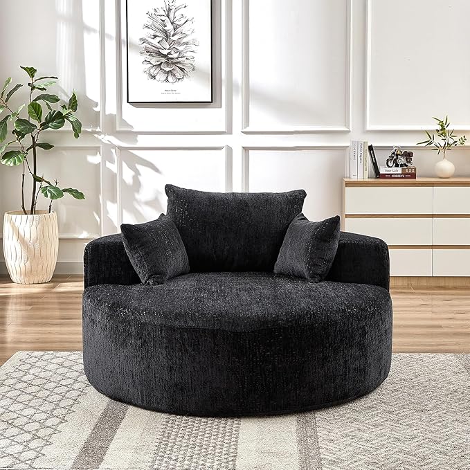 Oversized Round Chaise Lounge Chair Indoor 55W Circle Comfy Armchair with Deep Seat Floor Cloud Boneless Chair Upholstered Modern Cozy Sofa Chairs for Living Room Bedroom(Chenille Black)