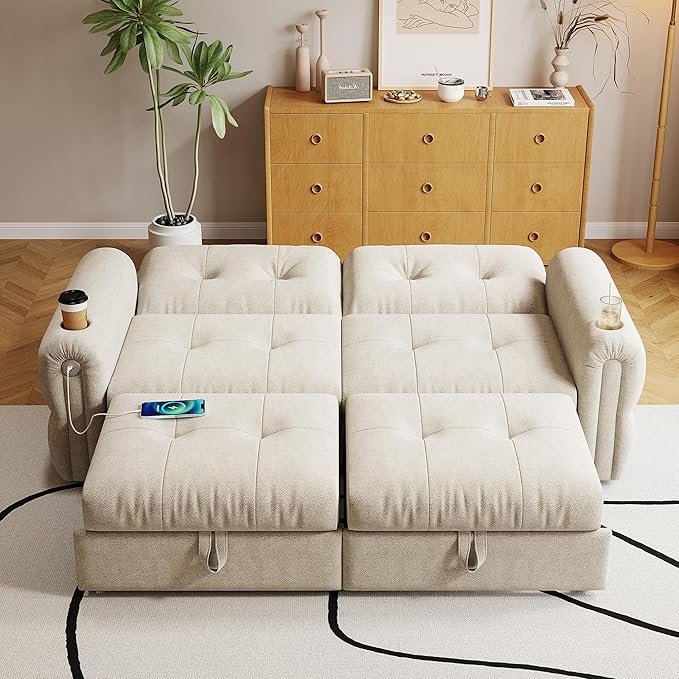 80.4 Queen Sleeper Sofa Bed 3 in 1 Convertible Pull Out Couch with USB Ports &amp Cup Holders Modern Chenille Loveseat Sofabed with Adjustable Backrest for Living Room Bedroom Apartment