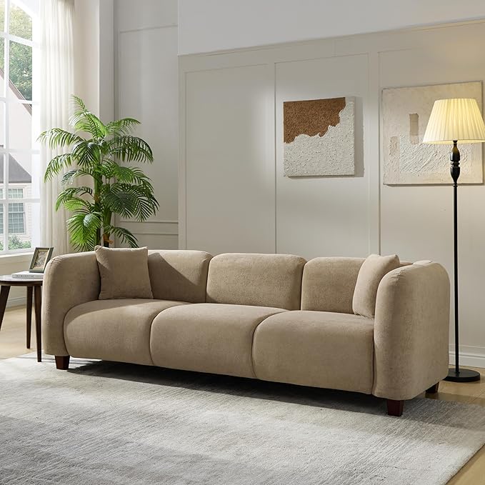 Christopher Knight Home Ahrai 3-Seater Sofa Couch with 2 Pillows 87 Wide Oversized Sofa for Living Room Modern Wood Frame Lounge Couch Comfy Spacious Fabric Upholstered Home Seating Camel