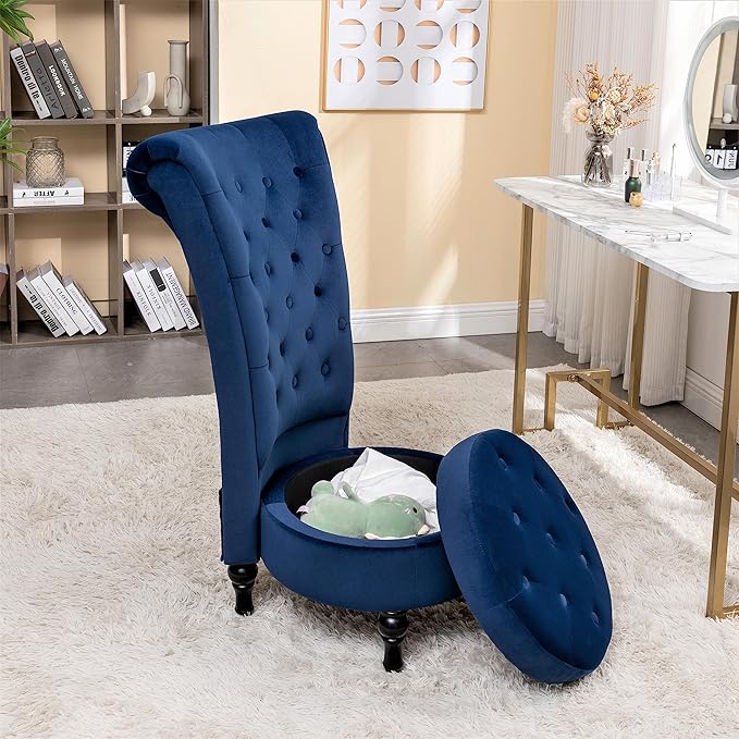 Royal High-Back Velvet Accent Chair for Vanity with Storage and Luxurious Upholstery Retro Design and Versatile Usage for Living Room Bedroom Lounge and Office Dark Blue