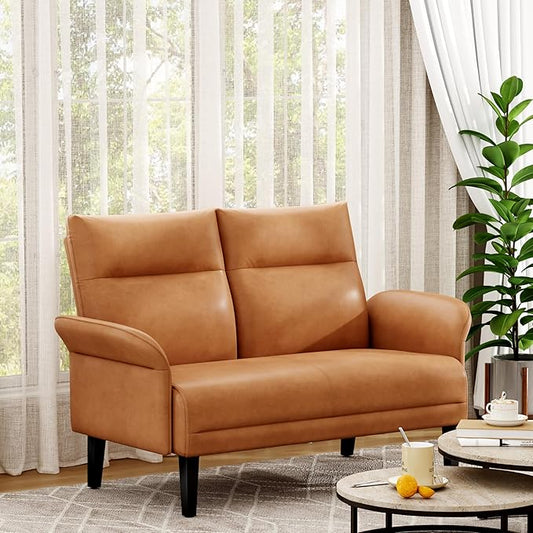 Yongchuang Small Couch 46 Brown Faux Leather Loveseat Sofa for Living Room Bedroom Love Seat Mini Couch with Arm Rest