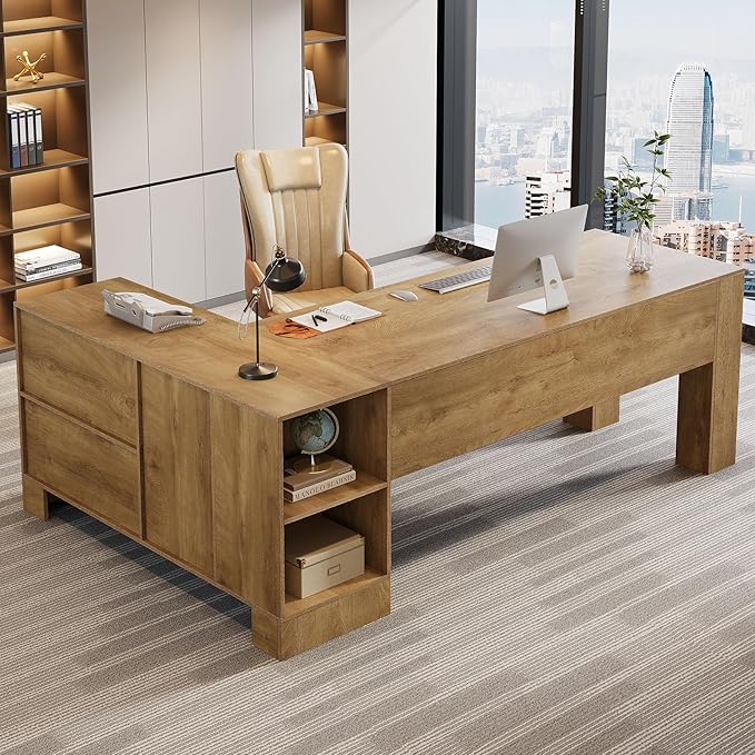 Tribesigns L-Shaped Executive Desk 78-Inch Office Desk with Storage Cabinet and 2-Tier Shelf Large Wooden Computer Writing Table Business Furniture Workstation for Home Office Brown