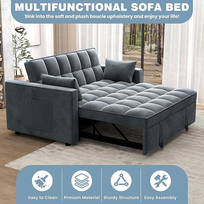 Sleeper Sofa Couch Bed 55.9'' Convertible Velvet Loveseat 3 in 1 Pull Out Sofa Bed with Toss Pillows Pockets Furniture for Living Room Gray