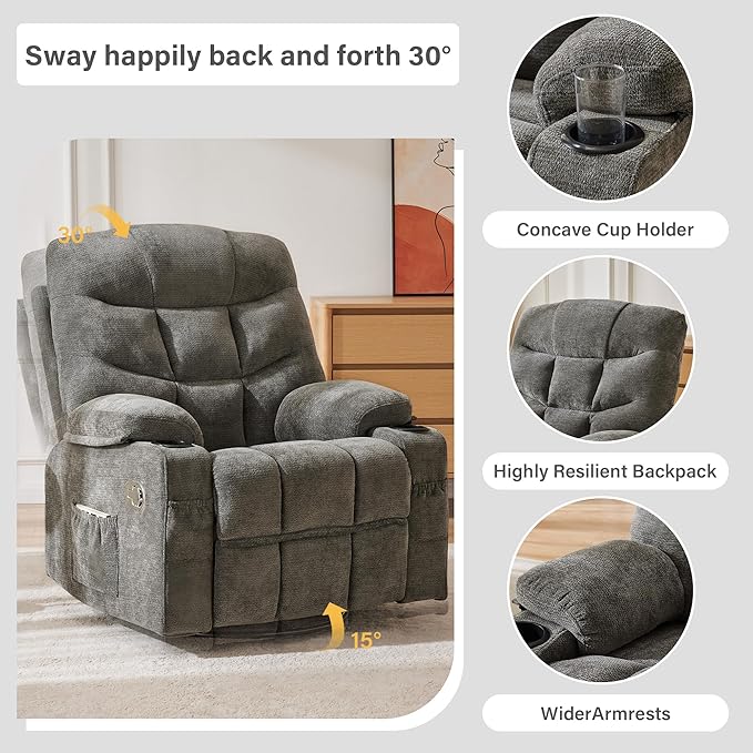 Manual 360°Swivel Rocker Recliner Chair Set of 2Single Recliner Seat with Cup HoldersRecliner Chairs for Adults Upholstered Fabric Lazy Boy Recliner for BedroomLiving RoomGrey