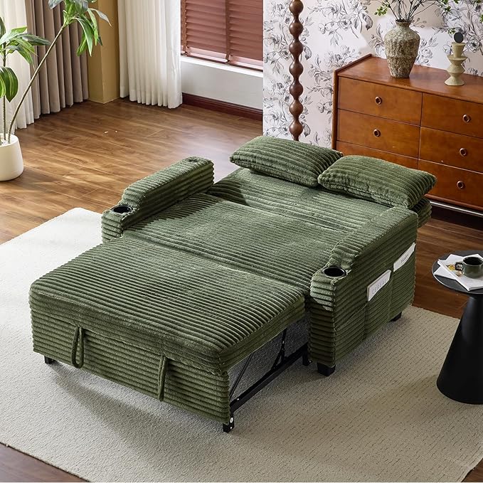 VINGLI Green Futon Sofa Bed Convertible Loveseat Sleeper Sofa Couch Corduroy Pullout Sofa Fold Out Couch Bed with USB Ports Cup Holders Armrest for Living Room Bedroom Apartment Room | Lveseat Sle