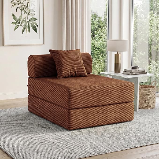 31.5'' Convertible Compressed Corduroy Folding Sofa Bed Modern Boneless Pull Out Sleeper Sofa Couch in a Box 3 in 1 Portable Lazy Floor Lounge Chair No Assembly Needed Caramel Pillow Single